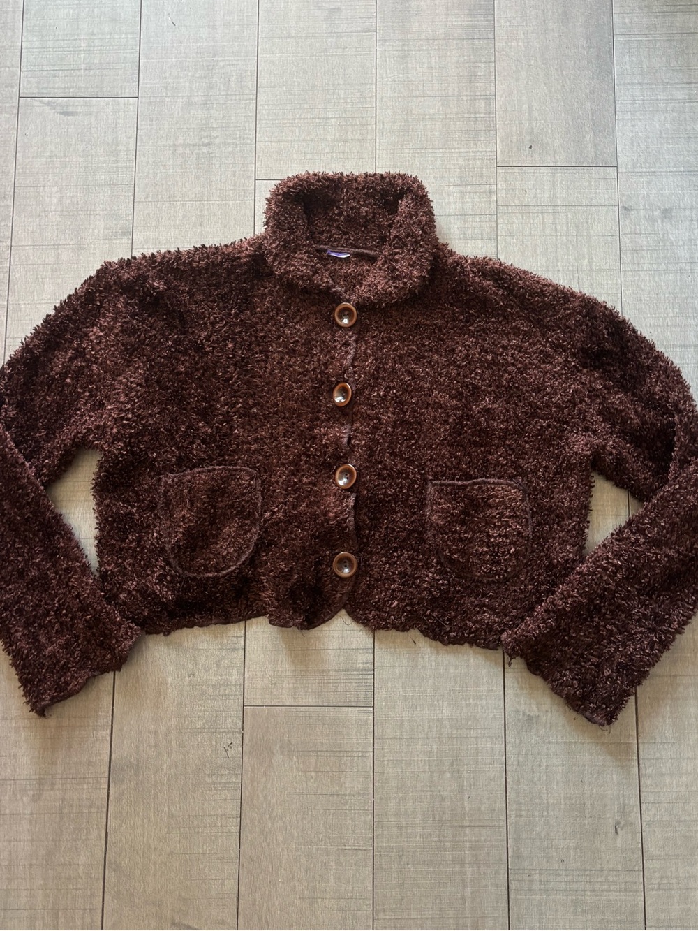 ♠️5/$25♠️Cozy Plush Cropped Button-Front Pocket Cardigan in Chocolate Brown